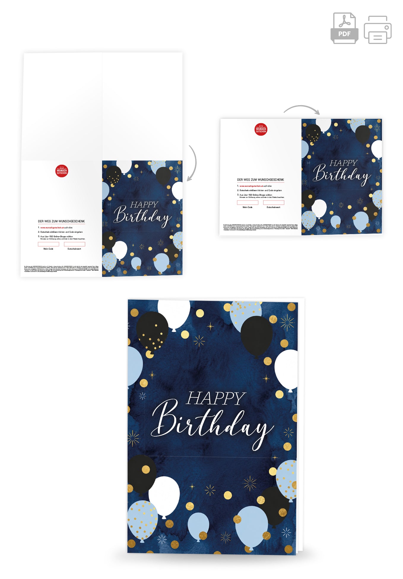 Happy Birthday - Ballons Punkte Gold PDF