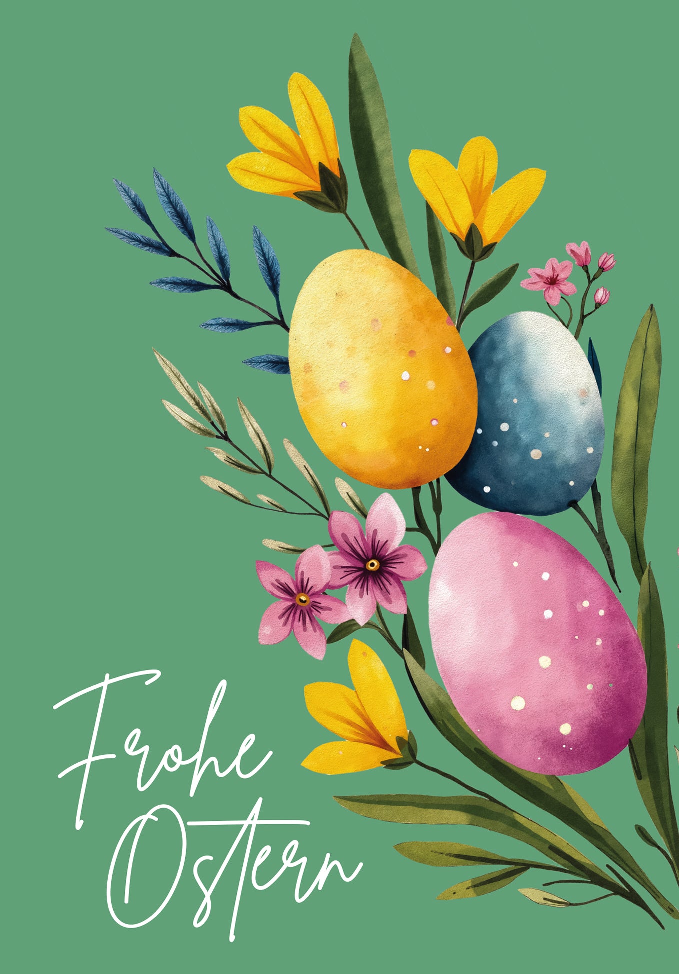 Frohe Ostern - Eier und Blumen Grün